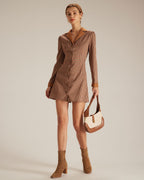 Brown Plaid Suede Mini Dress with Spliced Design