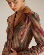 Brown Plaid Suede Mini Dress with Spliced Design