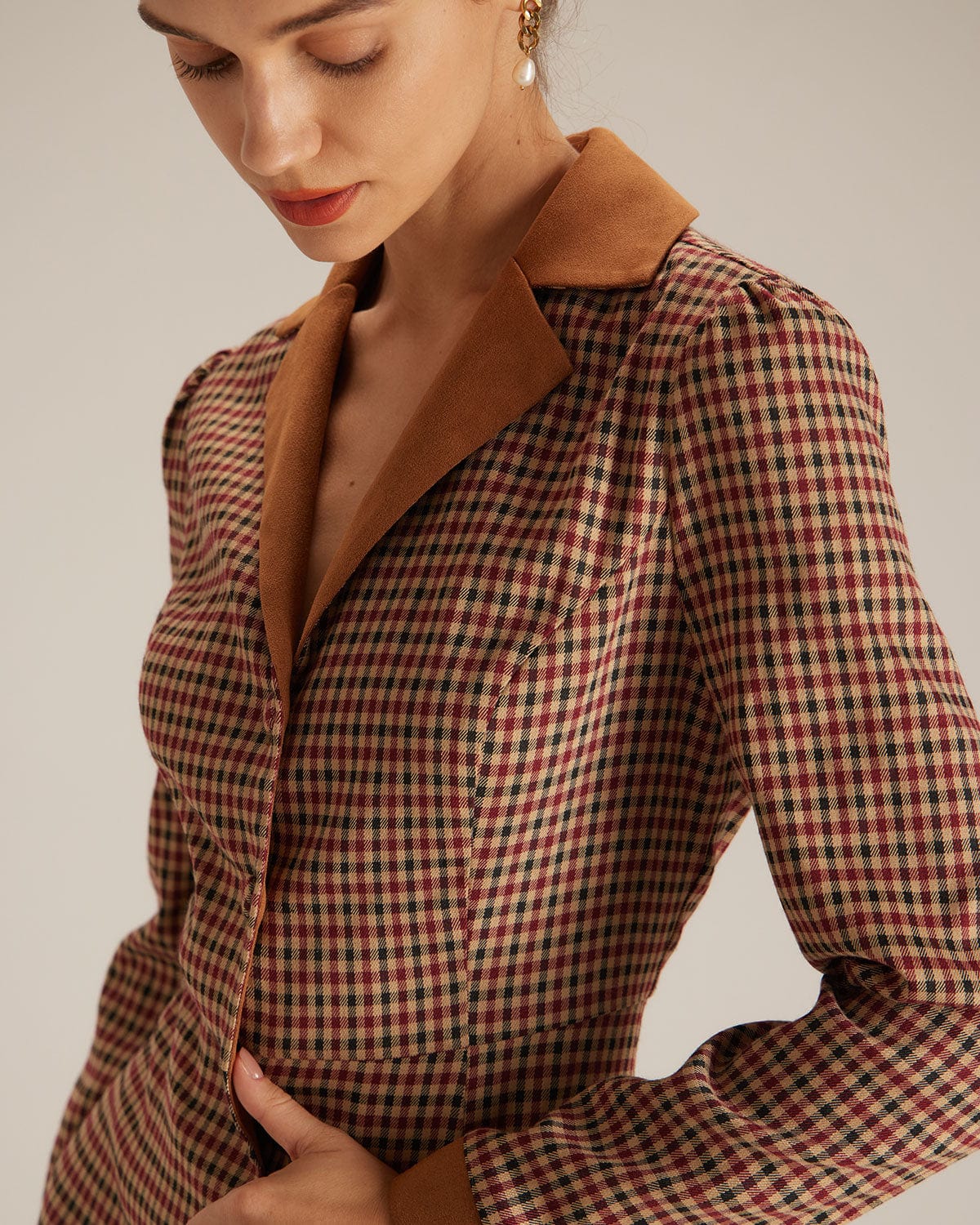 Brown Plaid Suede Mini Dress with Spliced Design