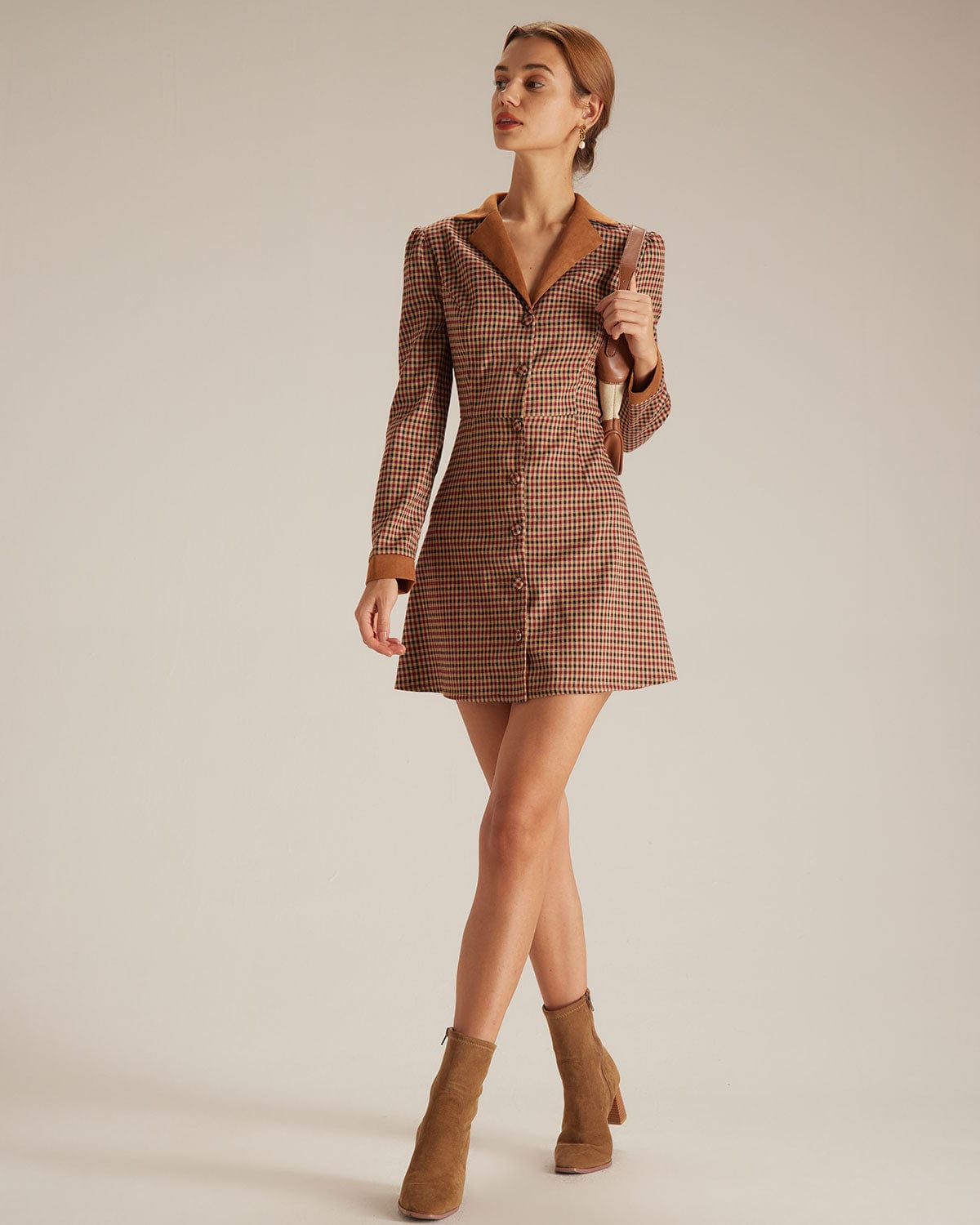Brown Plaid Suede Mini Dress with Spliced Design
