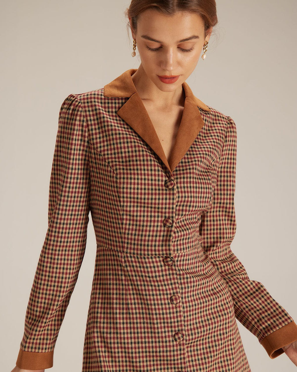 Brown Plaid Suede Mini Dress with Spliced Design
