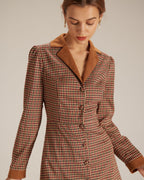 Brown Plaid Suede Mini Dress with Spliced Design