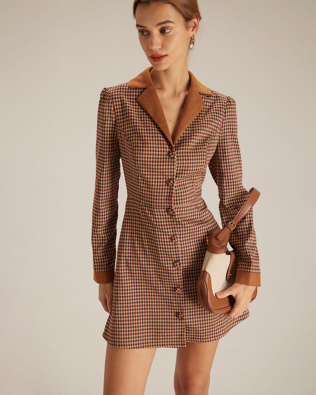 Brown Plaid Suede Mini Dress with Spliced Design