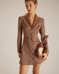 Brown Plaid Suede Mini Dress with Spliced Design