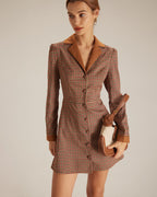 Brown Plaid Suede Mini Dress with Spliced Design