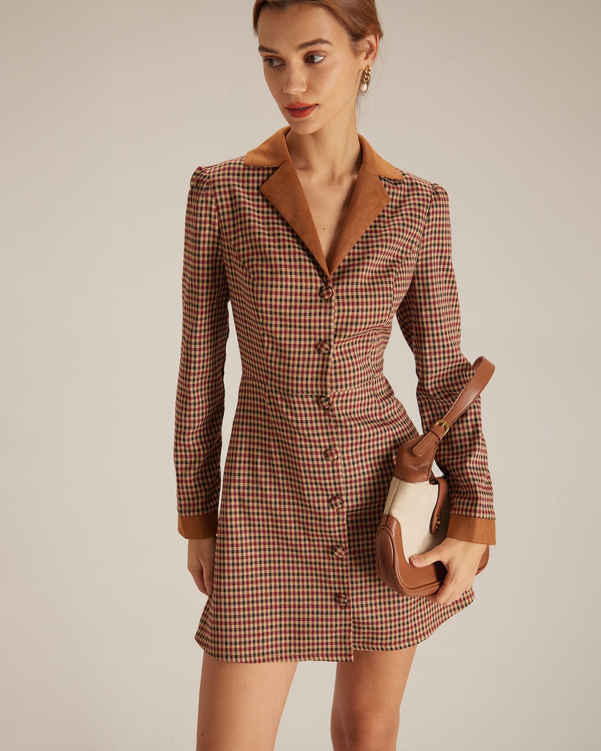 Brown Plaid Suede Mini Dress with Spliced Design