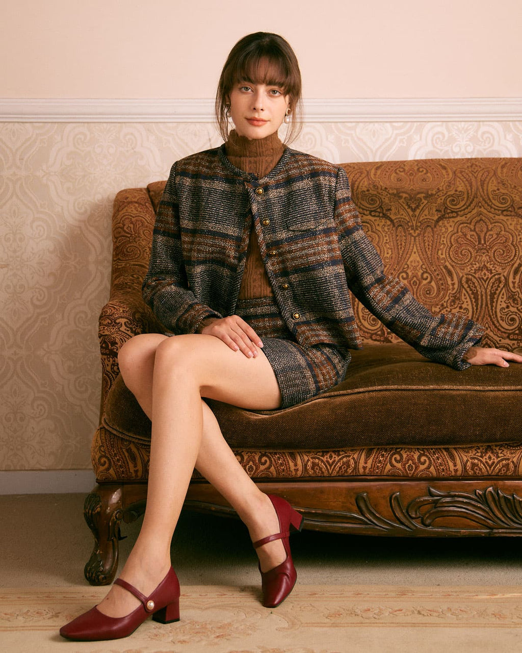 Brown Striped Mini Skirt with Natural Waist