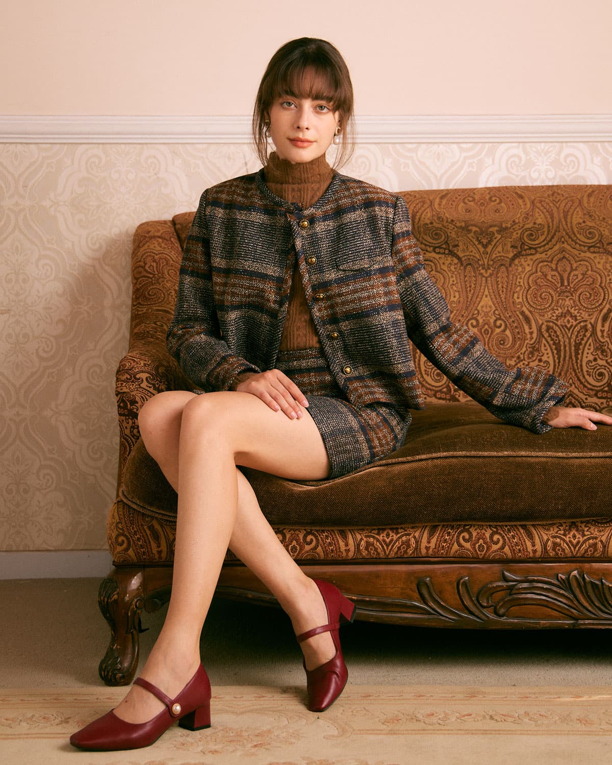 Brown Striped Mini Skirt with Natural Waist