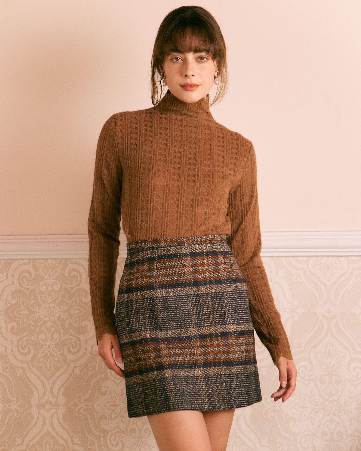 Brown Striped Mini Skirt with Natural Waist