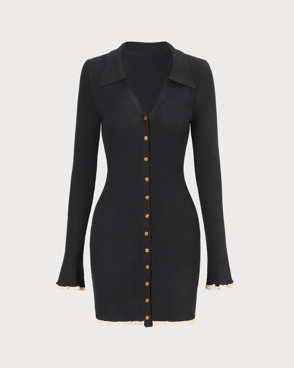 Black V-Neck Knit Mini Dress with Contrast Trim