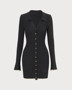 Black V-Neck Knit Mini Dress with Contrast Trim