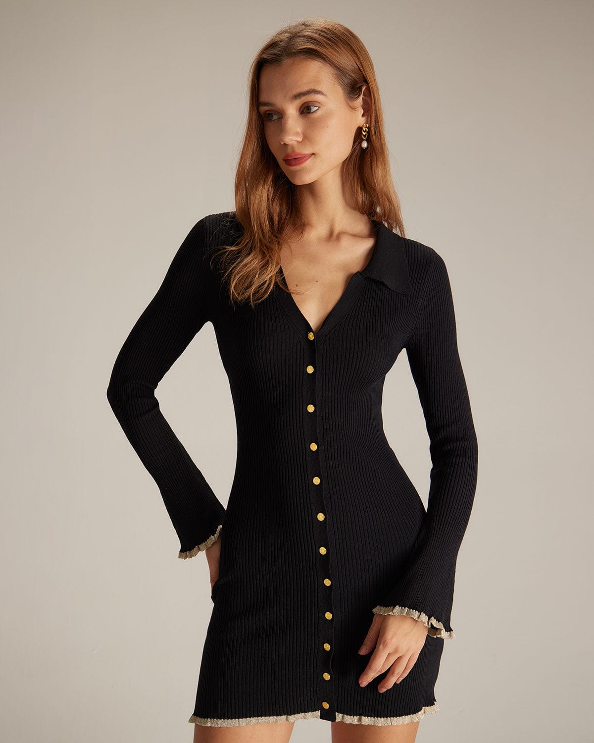 Black V-Neck Knit Mini Dress with Contrast Trim