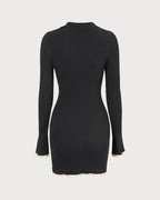 Black V-Neck Knit Mini Dress with Contrast Trim