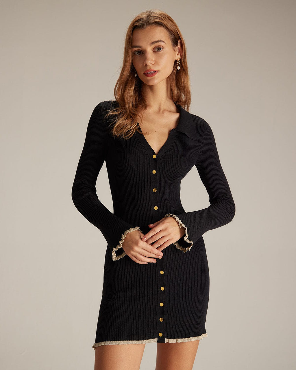 Black V-Neck Knit Mini Dress with Contrast Trim