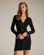 Black V-Neck Knit Mini Dress with Contrast Trim