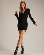 Black V-Neck Knit Mini Dress with Contrast Trim