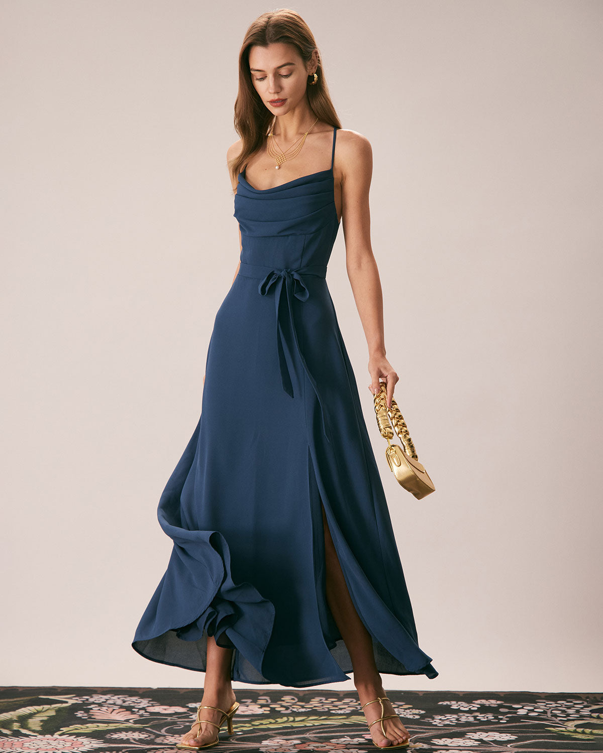 Navy Cutout Back Maxi Dress with Cowl Neck