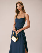 Navy Cutout Back Maxi Dress with Cowl Neck
