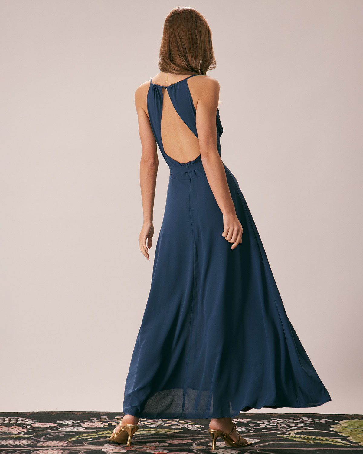 Navy Cutout Back Maxi Dress with Cowl Neck