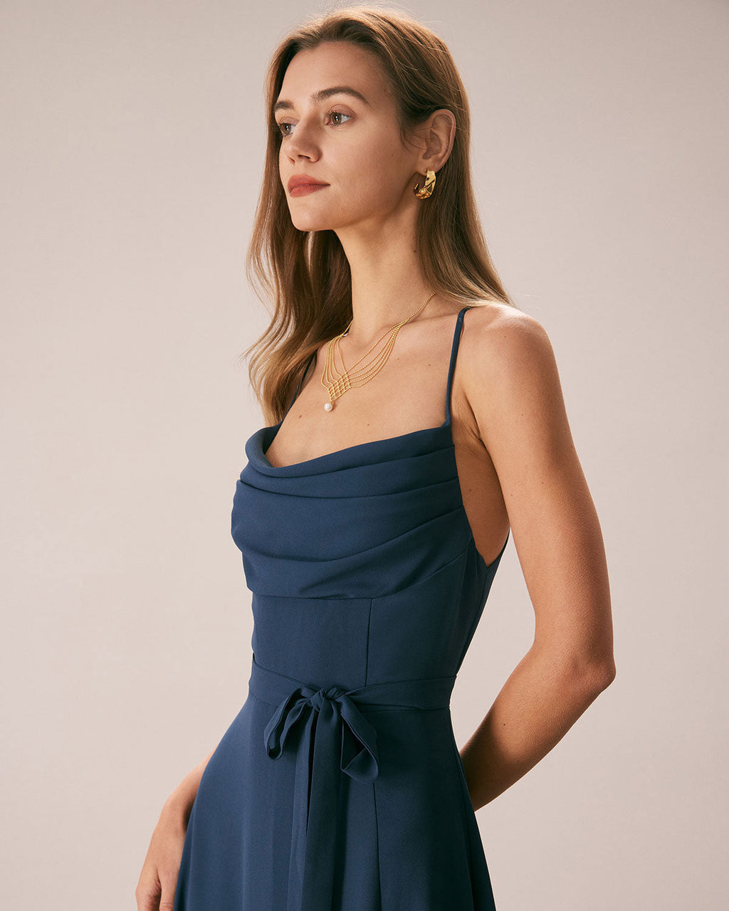 Navy Cutout Back Maxi Dress with Cowl Neck