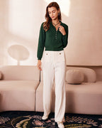 Dark Green Ribbed Knit Top with Lapel Detail