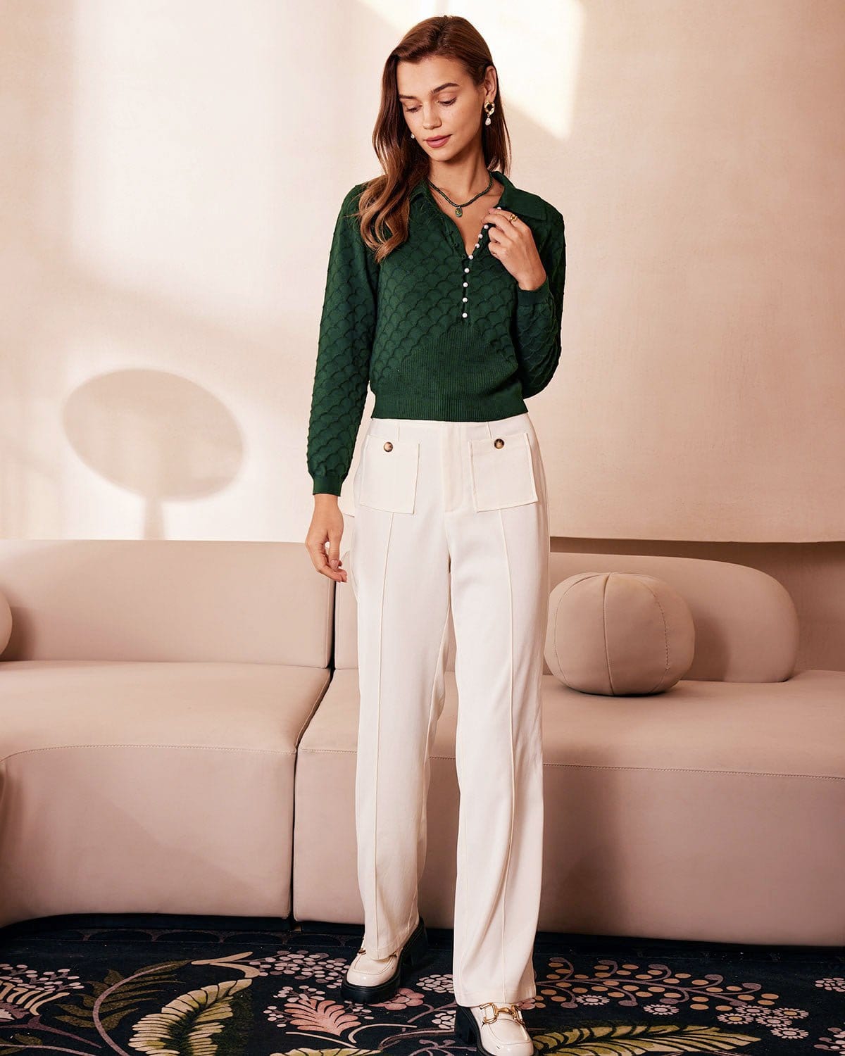Dark Green Ribbed Knit Top with Lapel Detail