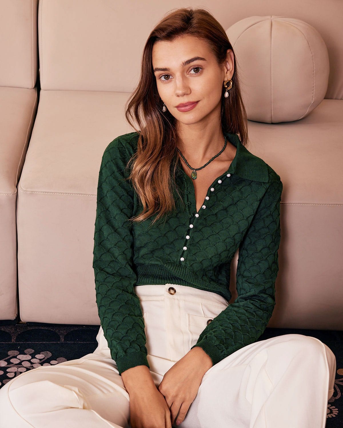 Dark Green Ribbed Knit Top with Lapel Detail