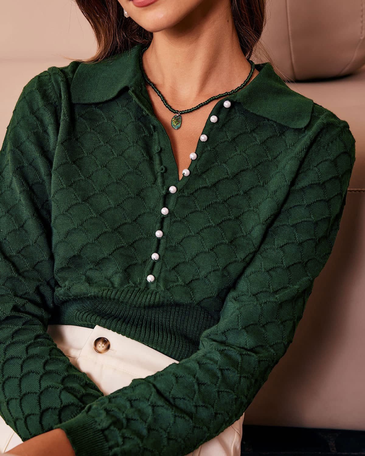 Dark Green Ribbed Knit Top with Lapel Detail
