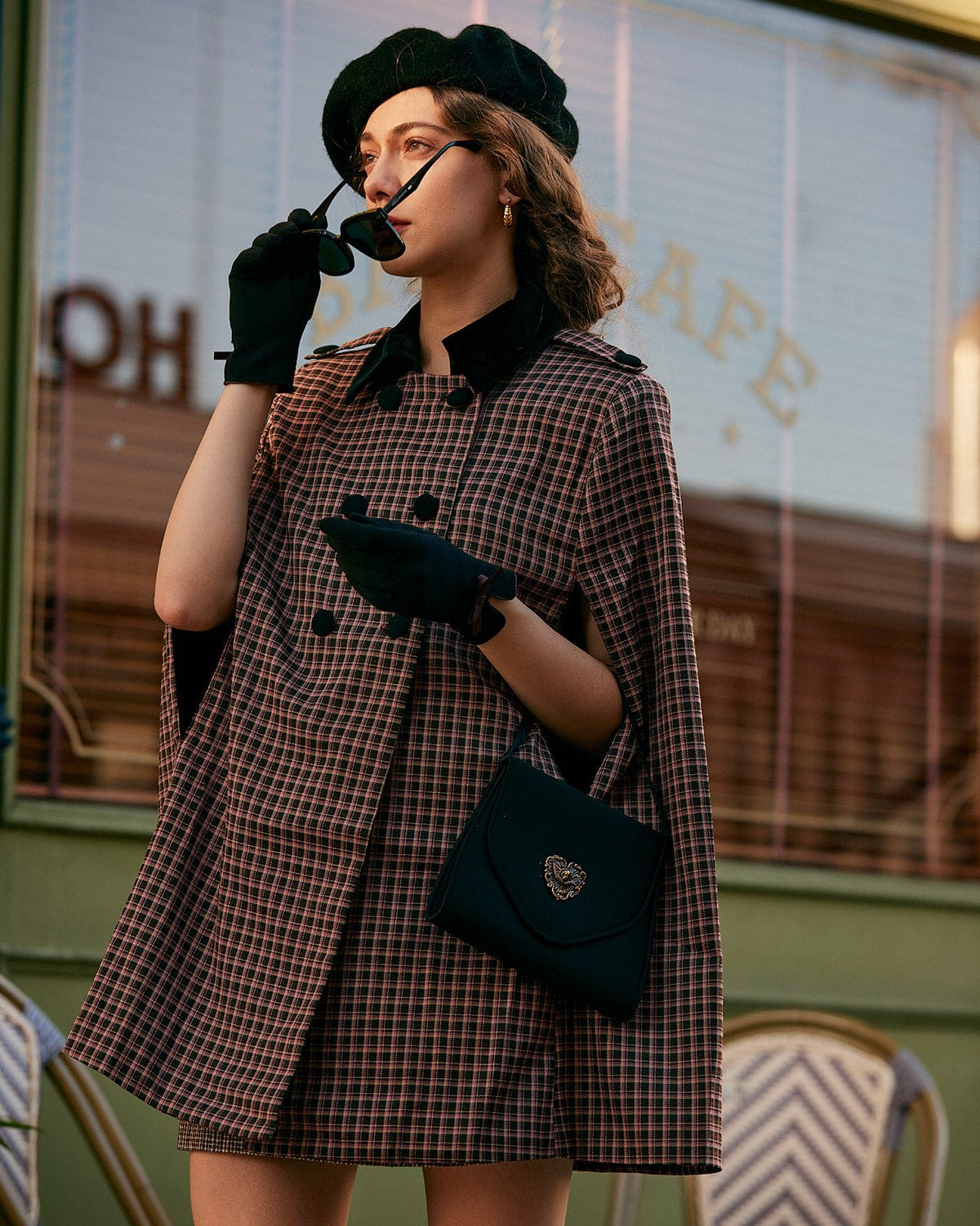 Plaid Double-Breasted Cape Coat