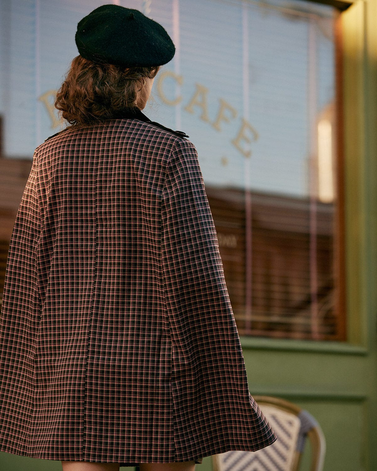 Plaid Double-Breasted Cape Coat