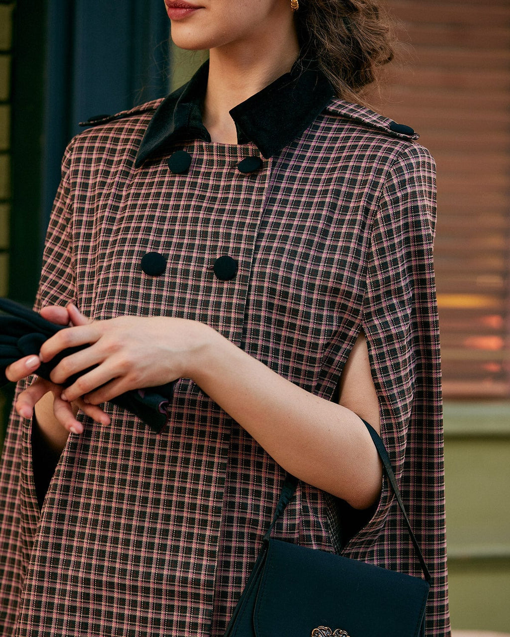 Plaid Double-Breasted Cape Coat