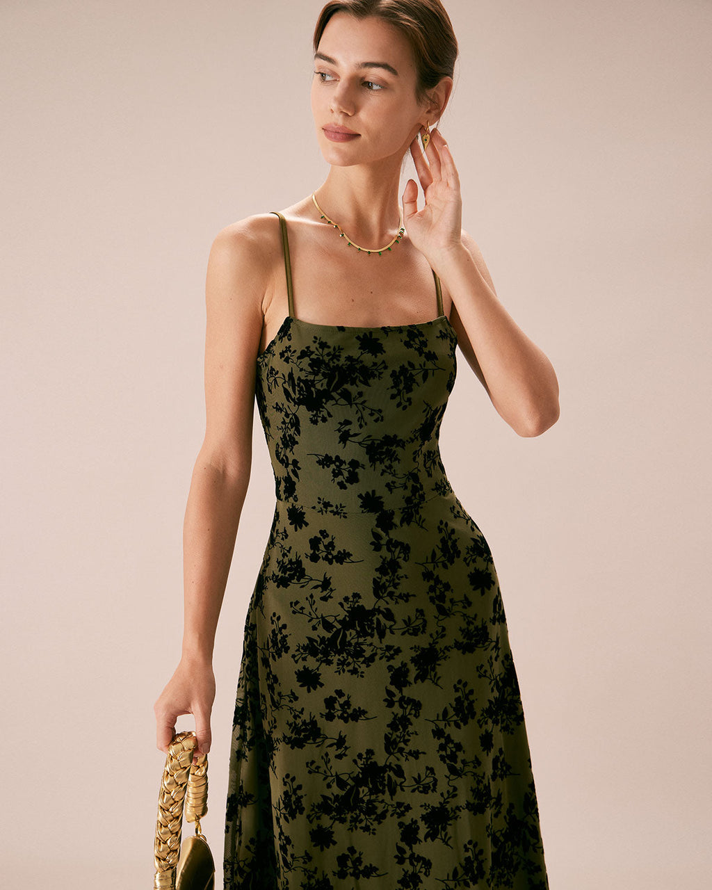 Green Floral A-Line Midi Slip Dress with Burnout Design
