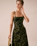 Green Floral A-Line Midi Slip Dress with Burnout Design