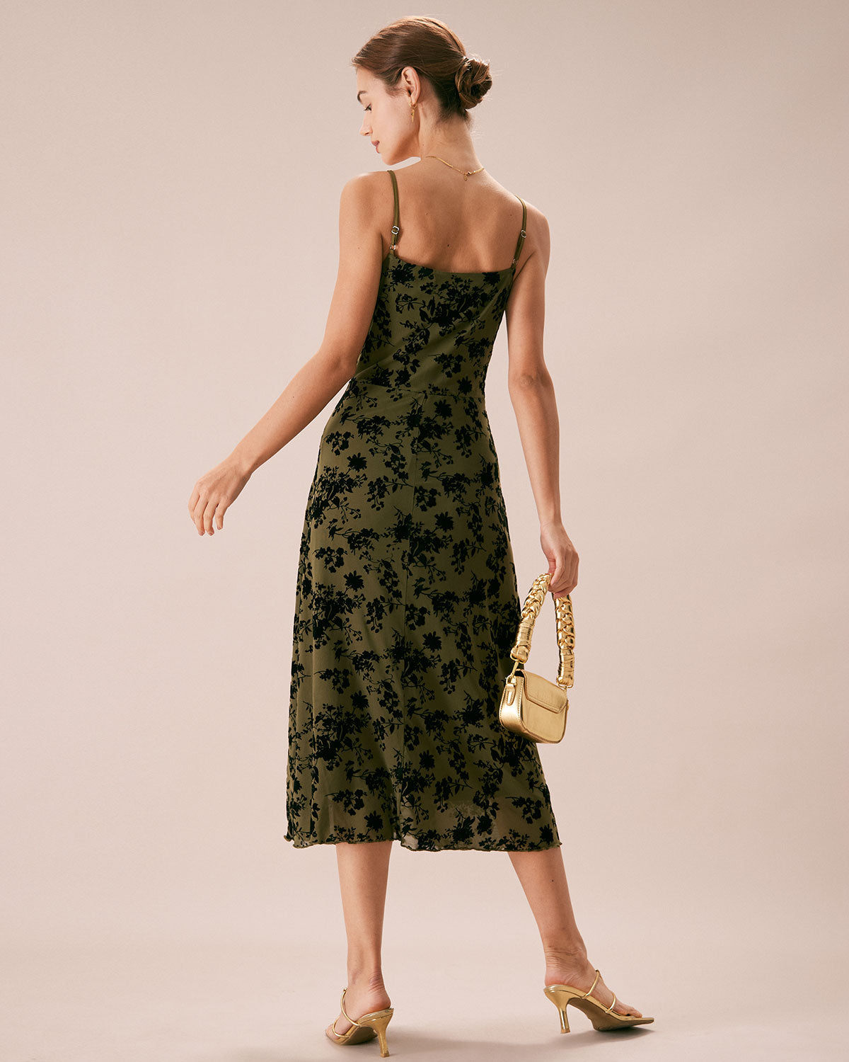 Green Floral A-Line Midi Slip Dress with Burnout Design