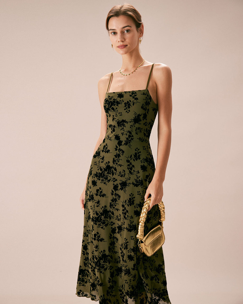 Green Floral A-Line Midi Slip Dress with Burnout Design