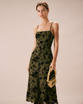 Green Floral A-Line Midi Slip Dress with Burnout Design
