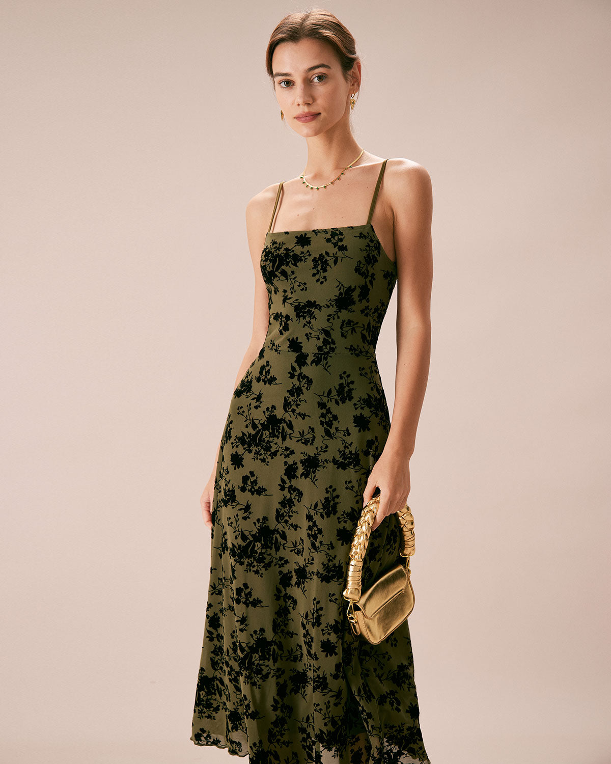 Green Floral A-Line Midi Slip Dress with Burnout Design