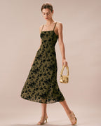 Green Floral A-Line Midi Slip Dress with Burnout Design