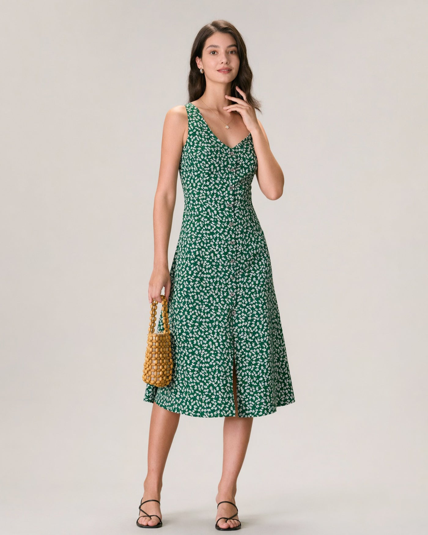 Floral Button Midi Dress in Green with V-Neck