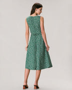 Floral Button Midi Dress in Green with V-Neck