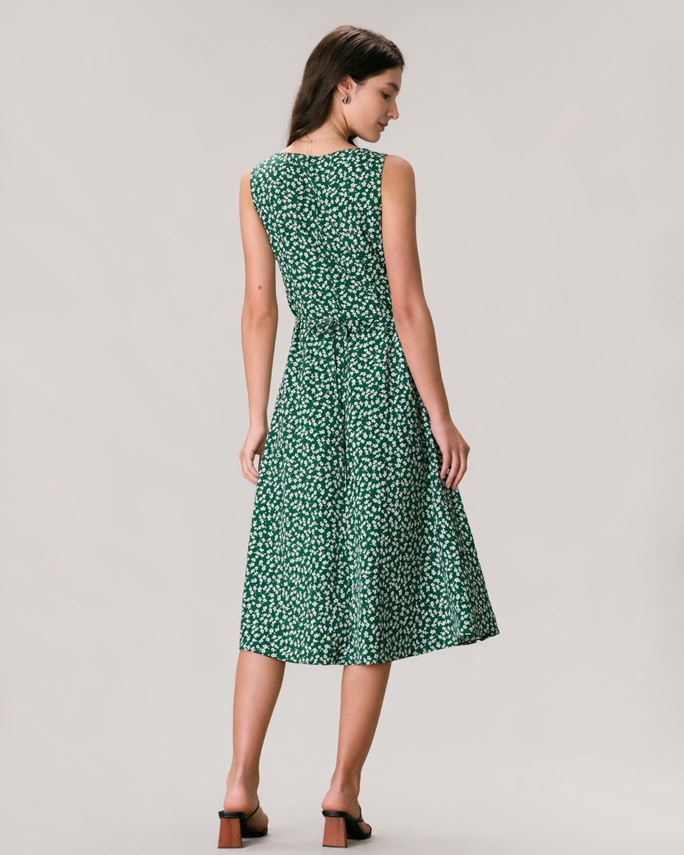Floral Button Midi Dress in Green with V-Neck