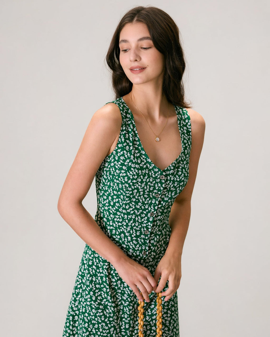 Floral Button Midi Dress in Green with V-Neck