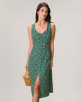 Floral Button Midi Dress in Green with V-Neck