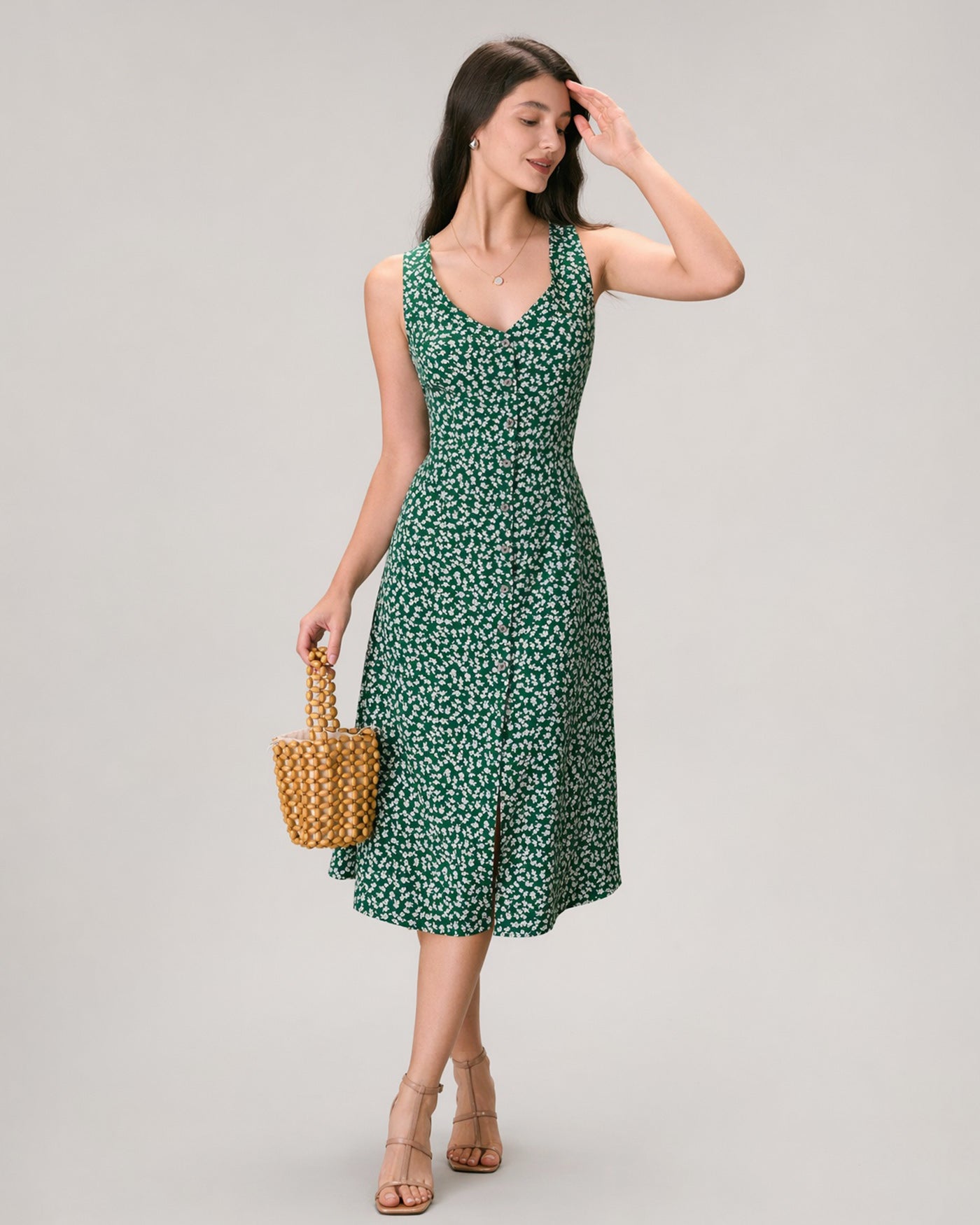 Floral Button Midi Dress in Green with V-Neck
