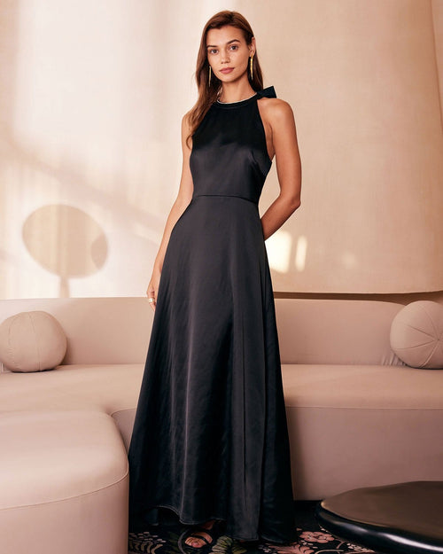 Black Halter Neck Maxi Dress with Bowknot Cutout