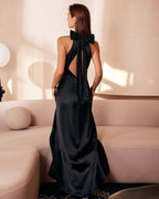 Black Halter Neck Maxi Dress with Bowknot Cutout