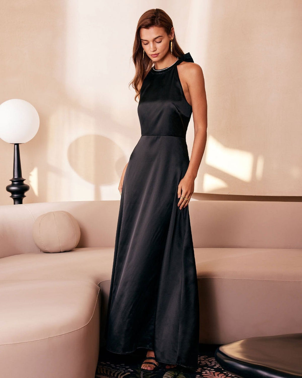 Black Halter Neck Maxi Dress with Bowknot Cutout