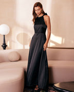 Black Halter Neck Maxi Dress with Bowknot Cutout