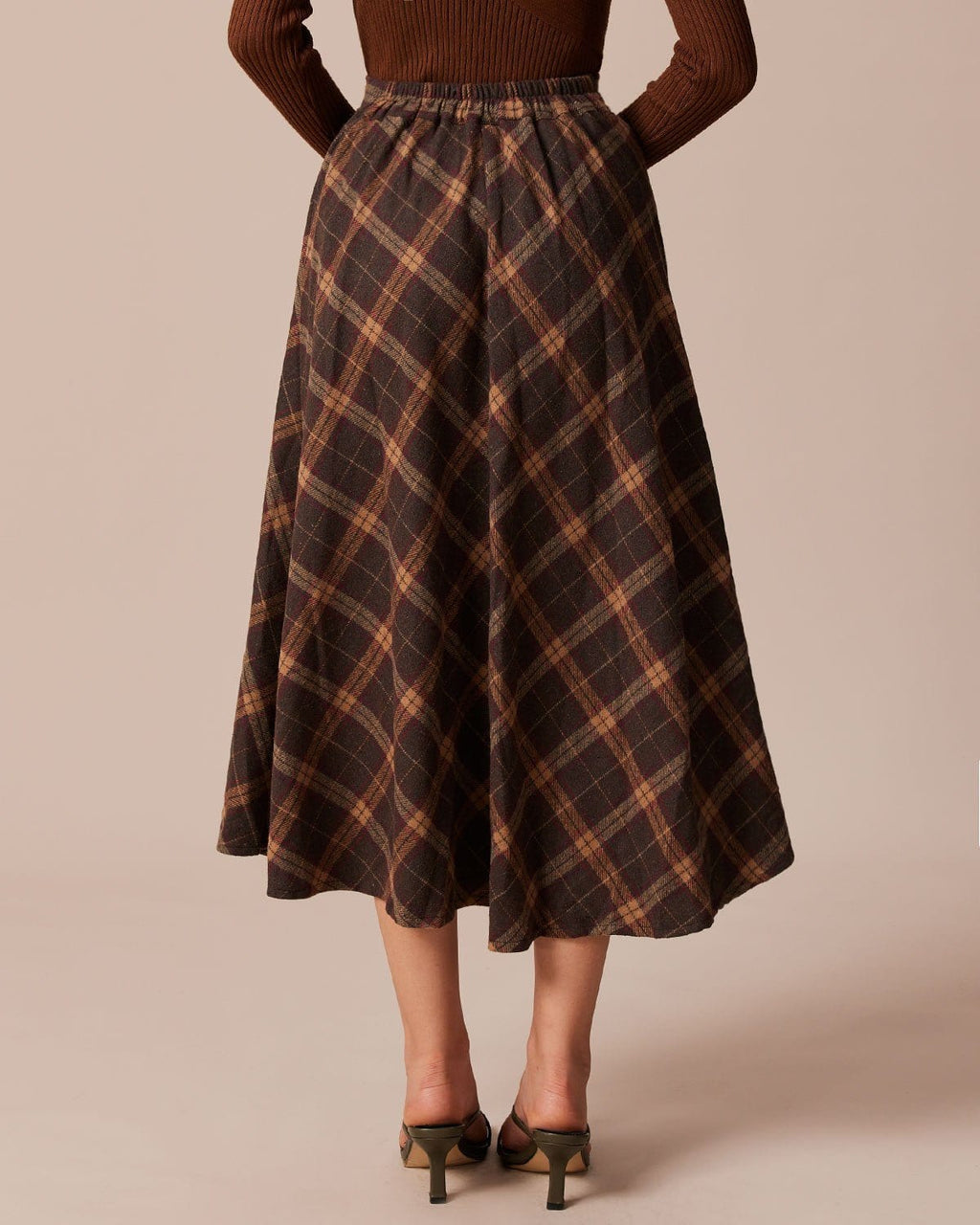 Brown Plaid A-Line Midi Skirt with Elastic Waist