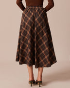 Brown Plaid A-Line Midi Skirt with Elastic Waist